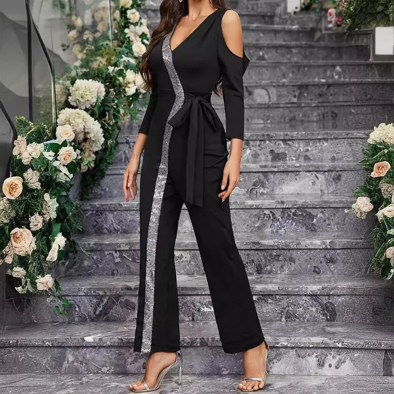 2025 Elegant Spring Summer Women Corset Jumpsuit Overalls Sexy Long Sleeve V Neck Sequins Straight Trousers Romper Onepieces.
