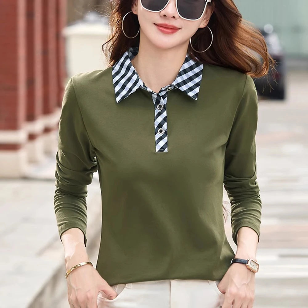 European station lapel long sleeved t-shirt women's new high-end fashion light luxury casual plus size spring and autumn top.
