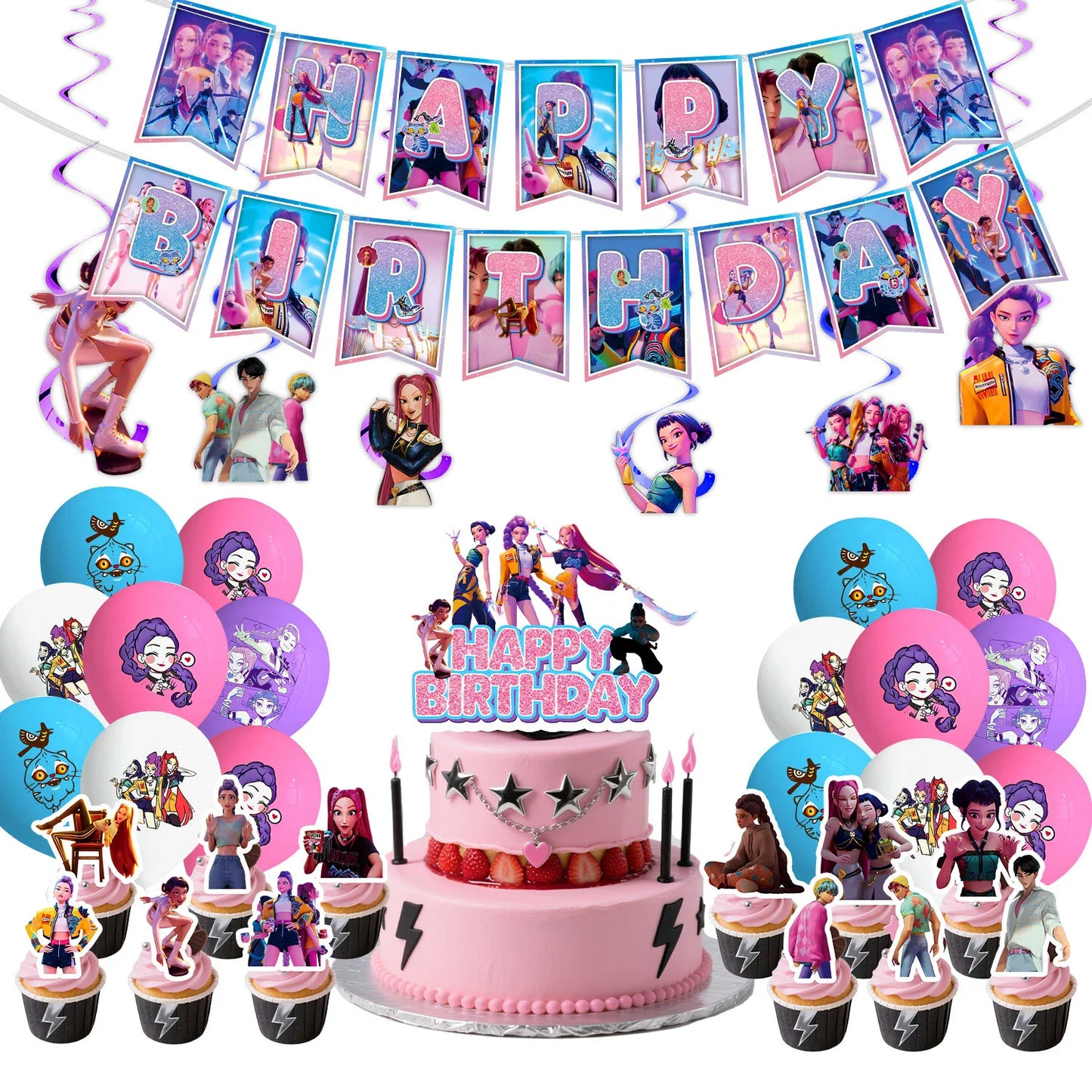 Neue Kpop Dämon Hunter Geburtstag Party Dekoration Geschirr Set Mädchen Luftballons Kuchen Topper Hintergrund Taschen Kinder Party Favor Supplies
