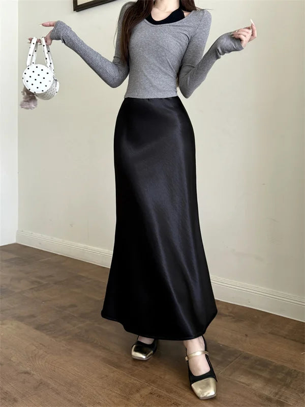 High Waist Women's Fleece-Lined Thickened Elegant Long Skirt Satin Mermaid Skirt Elegant Drapey Bodycon Skirt For Autumn Winter
