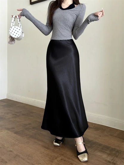 High Waist Women's Fleece-Lined Thickened Elegant Long Skirt Satin Mermaid Skirt Elegant Drapey Bodycon Skirt For Autumn Winter