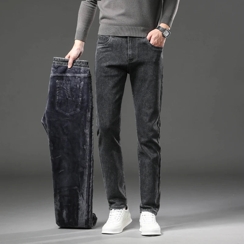Winter Fleece Thick Warm Jeans Men's Slim Straight Elastic Denim Pants Casual Male Clothing Fashion Plush Trousers.