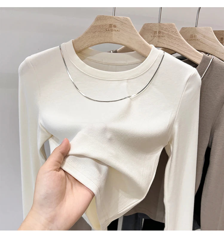 Women Trendy Chain Link Autumn Fashion Slim Fit Cropped T-shirts 2025 Long Sleeve T-shirt Solid Simple Base Layer Crop Tops.