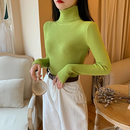 2023 herbst Winter Frauen Langarm Gestrickte Foldover Rollkragen Rippen Pull Pullover Weiche Warme Femme Jumper Pullover Kleidung