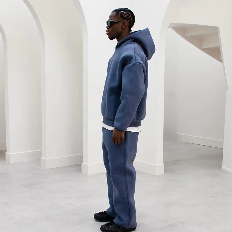 Men Cotton Vintage Tracksuit 2pcs Set Hoodies Straight Pants Casual Loose Hip Hop Sports Hooded Pullover Trousers Y2k Streetwear