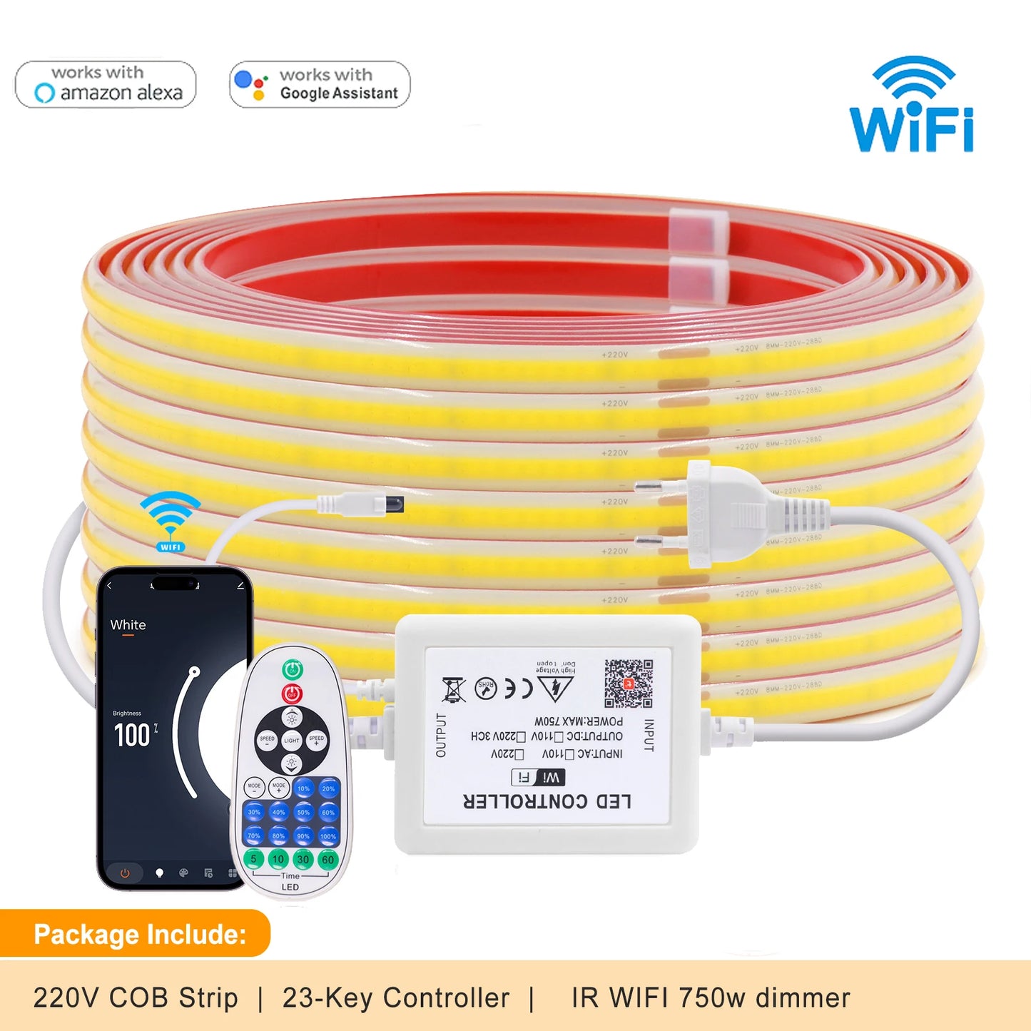 COB LED Strip Dimmable 220V 288LEDs/m Wall Touch Wifi Bluetooth Remote Control Power Kit Waterproof Silicone Tube Adhesive Tape