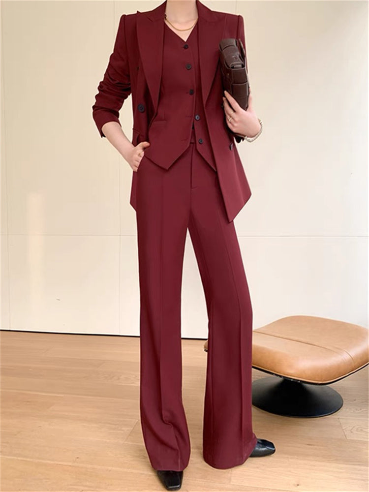 Burgundy Suit Set Women Spring 2023 Office Ladies Lapel Single Breasted Vest Wide Leg Pants Blazer Three Piece Set.