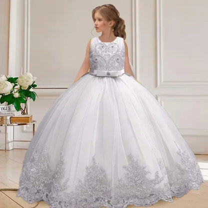 Gesticktes Mesh-Hochzeitskleid, Blumenmädchen-Performance-Mädchenkleid, 4–12 Jahre altes Mädchen-Prinzessinnenkleid mit großer Schleife.