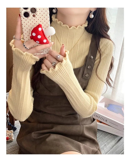 2025 Autumn Winter Women Half Turtleneck Fashion Wooden Ear Pullover Knitted Tops Long Sleeve O Neck Slim Warm Sweater Female.