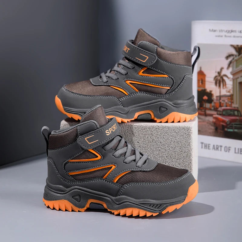 New Boys' Sports Shoes Non-slip School Children's Leather Breathable Running Black Fashion Hiking Shoes Sneaker Size 29-40.