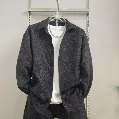 New Spring and Autumn Men's Casual Suit Lapel Jacquard Shirt Trousers Two-piece Set Comfortable Loose.