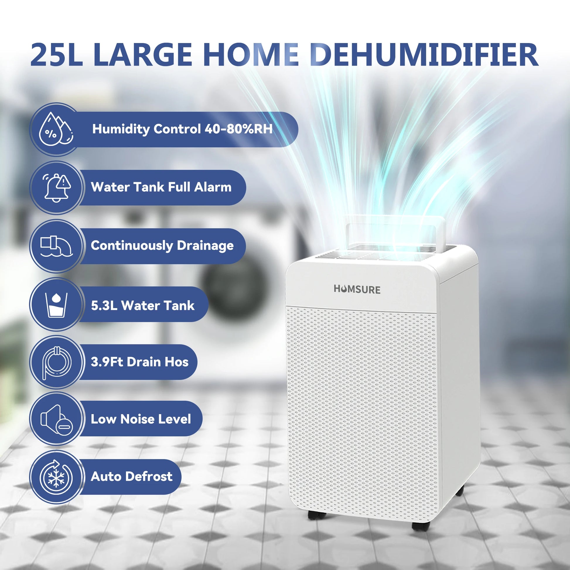 HUMSURE Electric Dehumidifier 25L/24H, Dehumidifier Basement Rooms with 5.5 Litre Water Tank, Timer, Automatic Defrosting.
