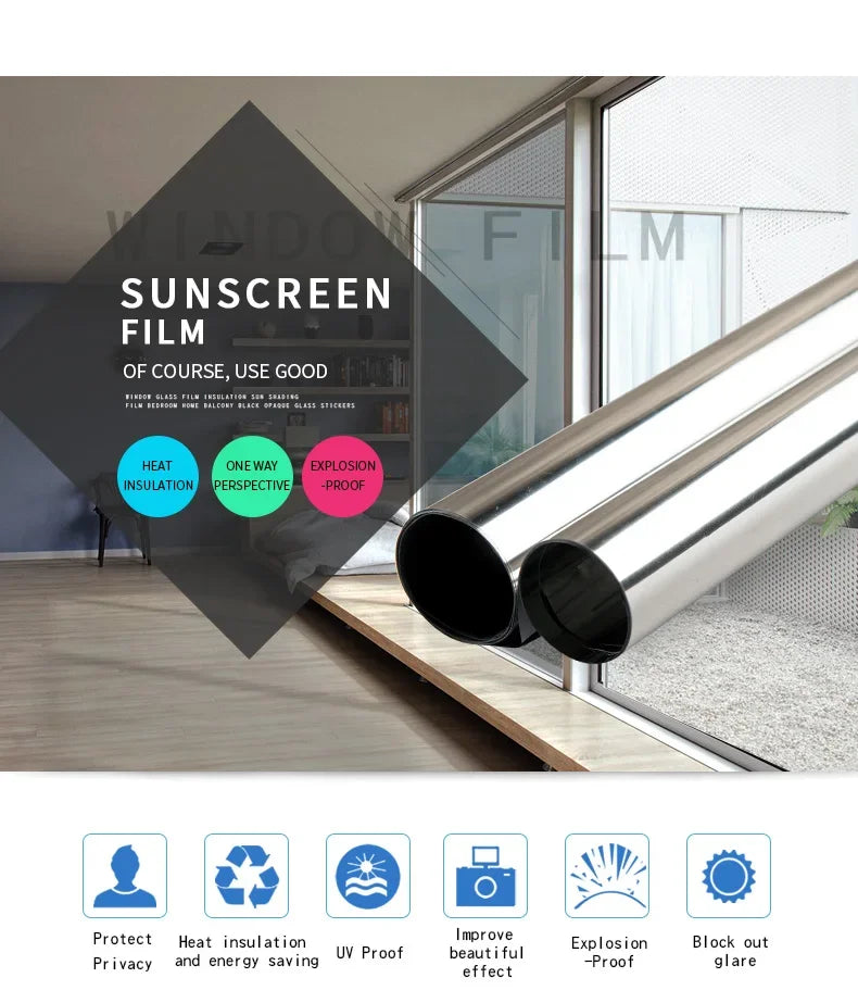 2/3/5M Einweg-Spiegel-Fensterfolie, Vinyl, selbstklebend, reflektierend, Solarfolie, Sichtschutz, Fenstertönung für Zuhause, silberner Glasaufkleber