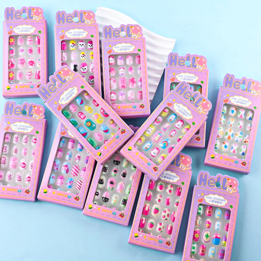 24Pcs/box Kids nails for Girl Cartoon Pattern False Nail Cute Child Fake Nails Tips Kawaii Acrylic Artificial Press on Nail+Tool.