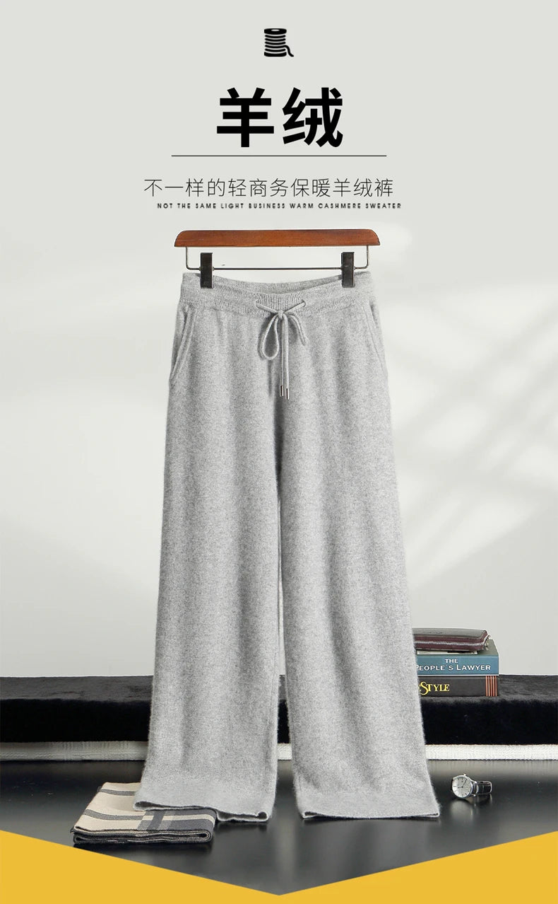 Classic Versatile 100% Cashmere Pants Men High Waist Knitted Straight Pants Solid Color Loose Thin Wide Leg Pants.