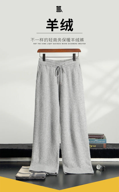 Classic Versatile 100% Cashmere Pants Men High Waist Knitted Straight Pants Solid Color Loose Thin Wide Leg Pants.
