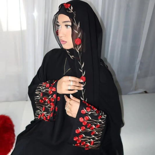 Islamic Clothes Black Flower Embroidery Abayas for Women Dubai Cardigan Muslim Saudi Open Abaya Kimono Luxury Hijab Dress Kaftan.