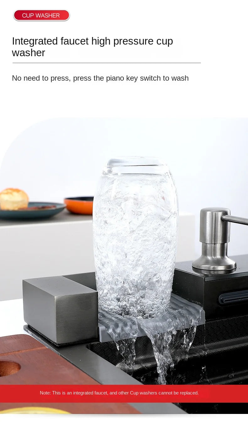 Wasserfall-Küchenspüle aus Edelstahl 304, großes Einzelschlitz-Wasserhahn-Set mit integrierter Digitalanzeige, Seifenspender, Tassenwascher