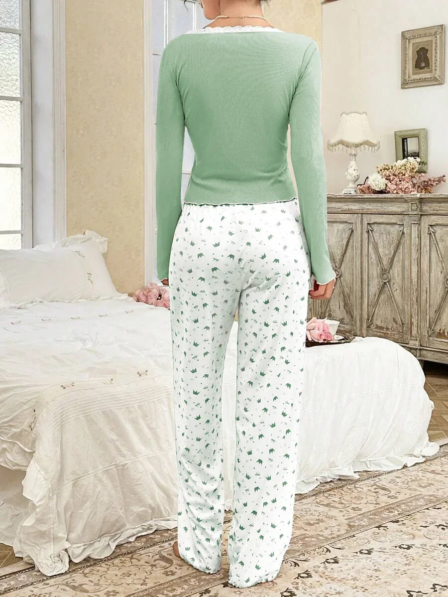 Autumn Winter Pajamas Set for Women Sleepwear Long Sleeve T-shirt with Long Trouses Set Homewear Femme Loungewear.