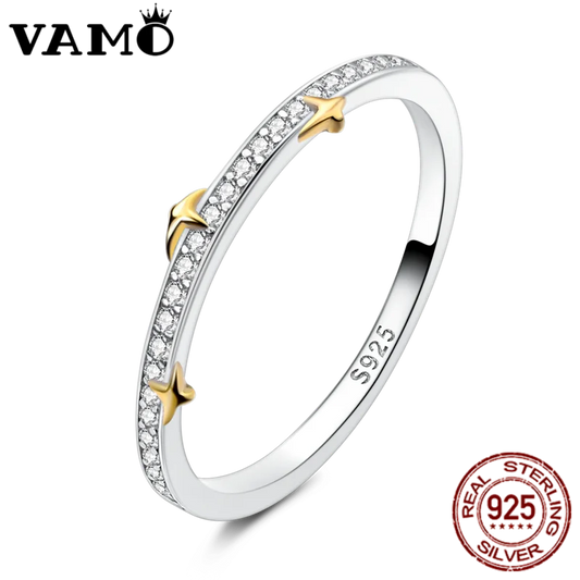 VAMO Original 925 Sterling Silver Woman Rings Gold Star Stone Rings Sparkling Wedding Rings Girls Jewelry Anniversary.