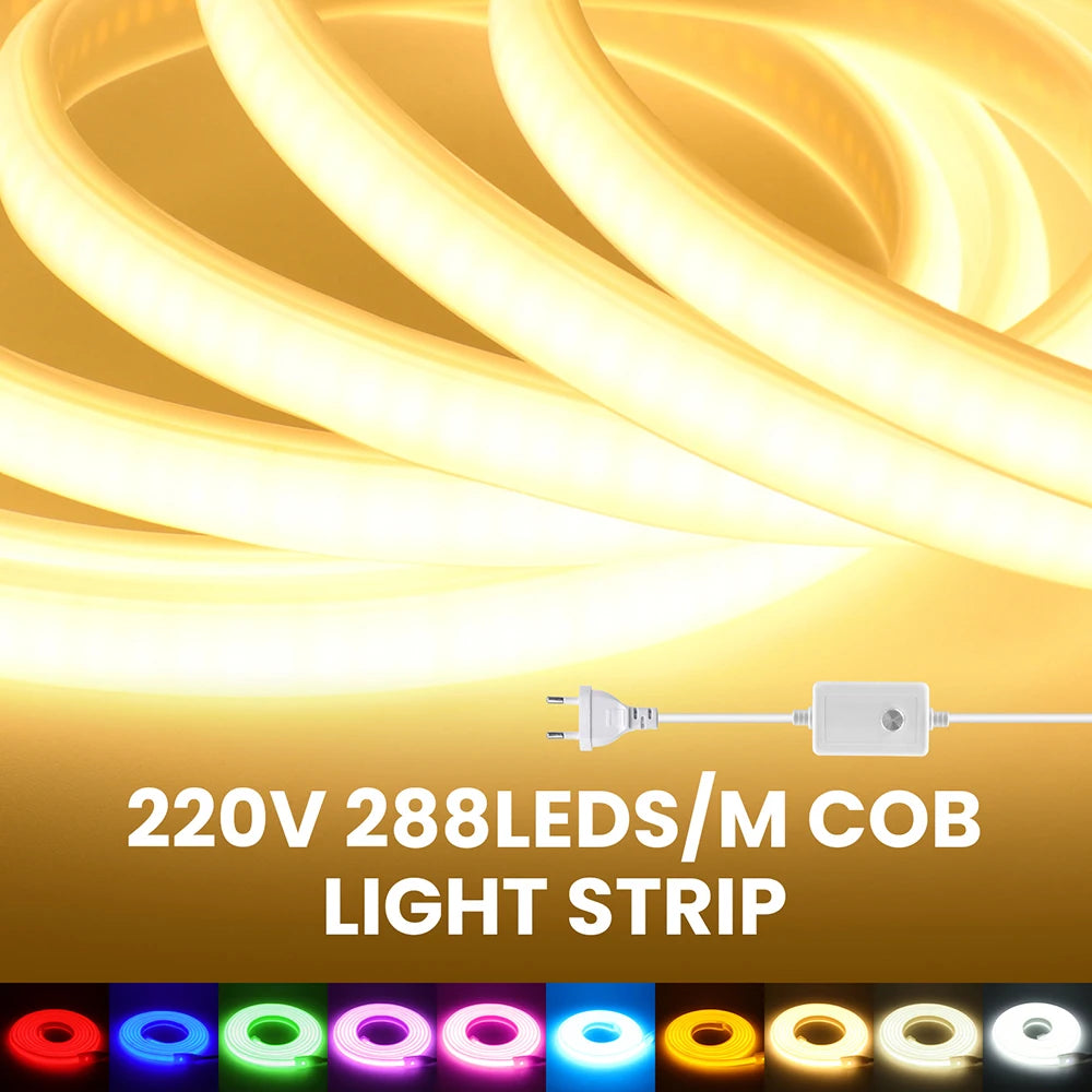 Dimmable COB LED Neon Light Strip 220V Dimmer Power Kit Waterproof 10 Colors 5m 10m 20m 30m 0.5m 288LEDs/m Flex Tube Lamp Decor.