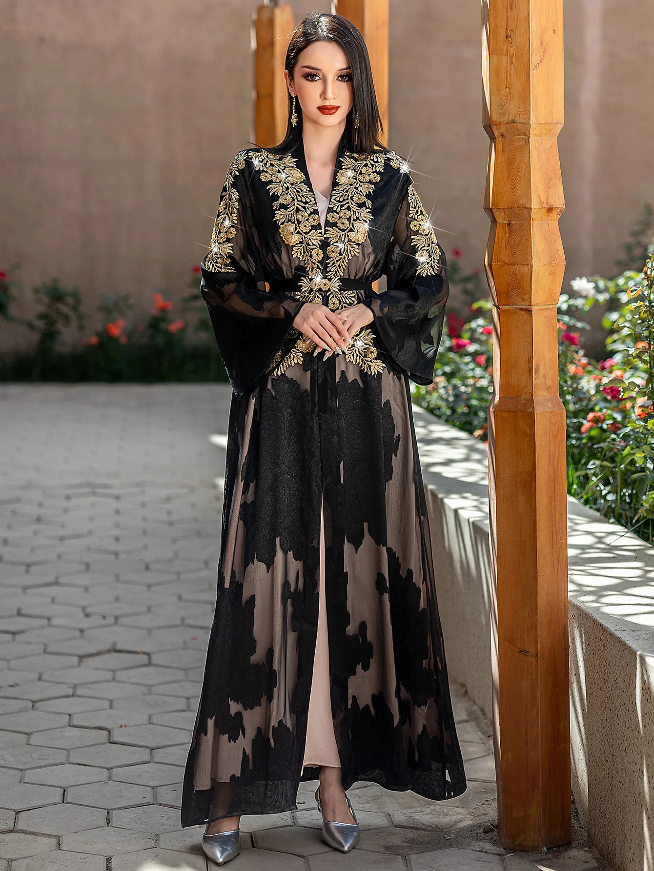Fashion Lace Embroidered 2 Piece Set Robe Belt Abaya Dubai Kaftan Women Muslim Dress Morocco Caftan Ramadan Kebaya Jalabiya Gown