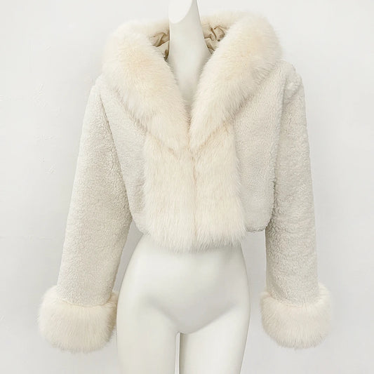 OFTBUY Lammwolle Weibliche Herbst Warme Dicke Faux Pelz Jacke Künstliche Winter Kleidung Frauen Mit Kapuze Kurze Pelzmantel Umweltfreundliche