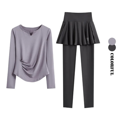 DRUR Autumn Yoga Set 2 Piece Sportswear Outfit Women Long Sleeve Workout Top High Waist Leggings Suit Tennis Sets 2pcs Tracksuit