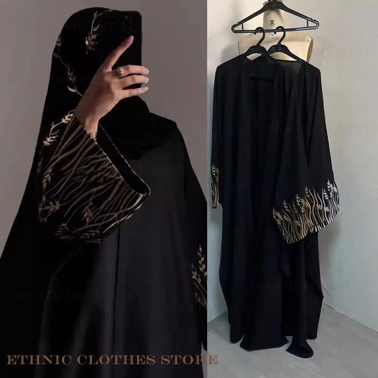 Muslim Women Dress Elegant Black Embroidery Abaya Long Robe Dubai Luxury Eid Ramdan Prayer Dress Kebaya Kaftan Moroccan Dresses.