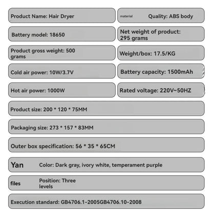 Wireless charging hair dryer for household use, high-speed negative ion hair dryer, high-power bladeless hair care, quick drying.