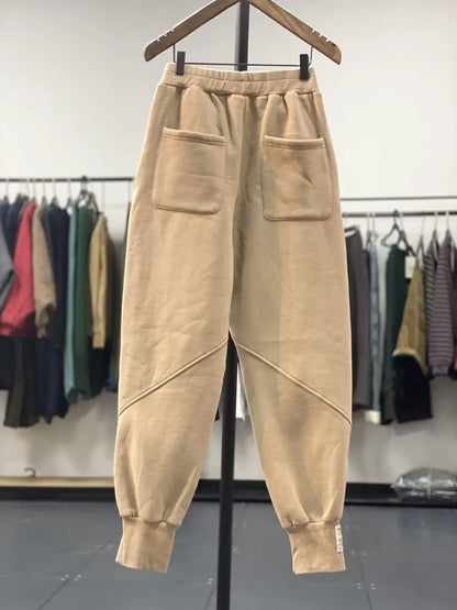 Autumn/Winter 150kg American Retro Cuffed Casual Trousers Men's Korean Slimming Patchwork Fleece-lined Harem Trousers Sweatpants.