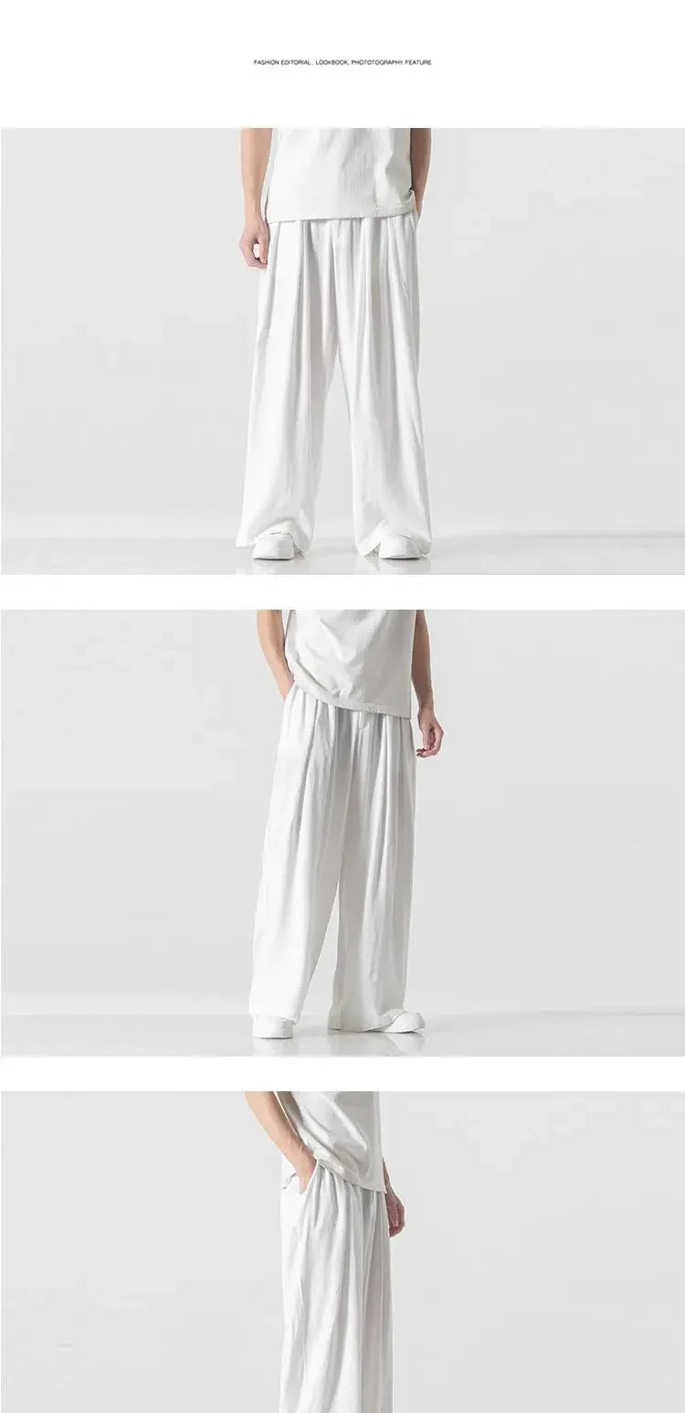 Hanfu Spirit Draped Linen Pants For Men Straight-leg Casual Trousers Chinese Style Loose-fit Ancient Wide-leg Song Trousers.