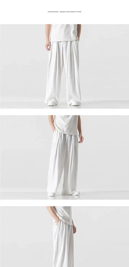 Hanfu Spirit Draped Linen Pants For Men Straight-leg Casual Trousers Chinese Style Loose-fit Ancient Wide-leg Song Trousers.