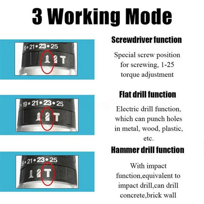 Schlagbohrmaschine mit 25 + 3 Drehmoment, Elektroschrauber, kabelloser elektrischer Hammerbohrschrauber, 2 Gänge, Geschwindigkeit, Lithium-Ionen-Akku, Elektrowerkzeuge