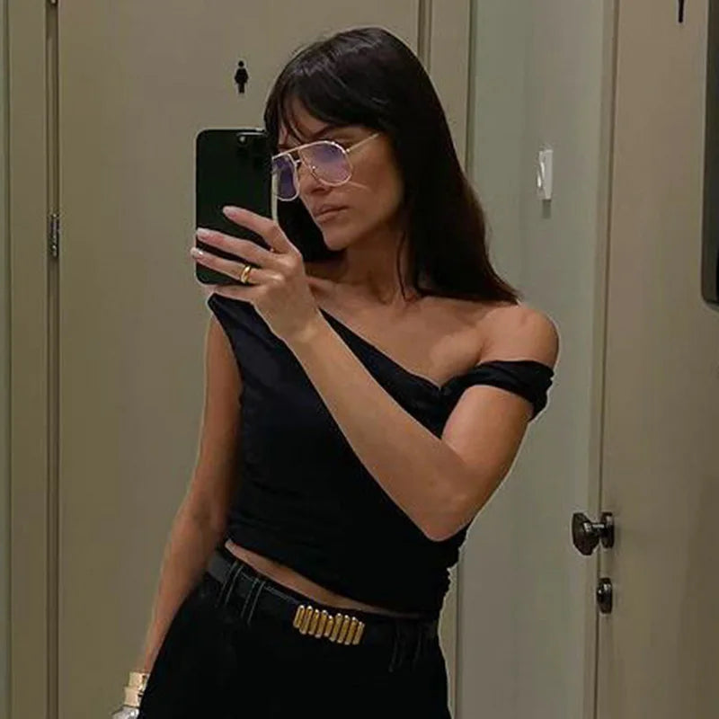 BOOFEENAA Asymmetrical One Shoulder Crop Tops Black Blue Sexy T Shirts for Woman Summer 2025 C95-BA13.