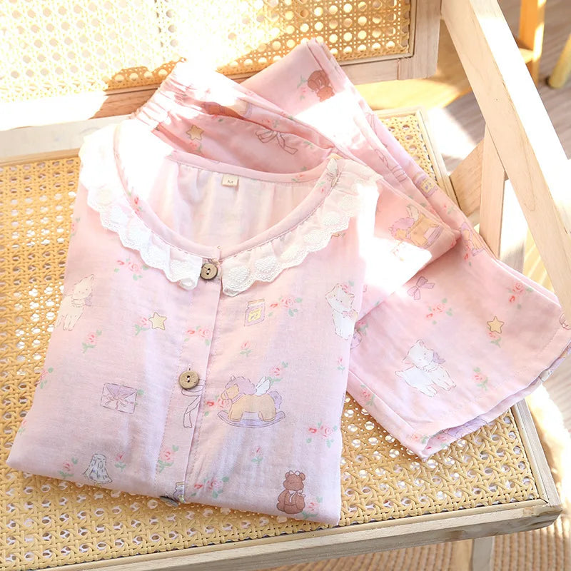 Spitzen-Design, Rundhals-Pyjama-Set aus Baumwolle, doppellagig, Gaze, für Damen, vier Jahreszeiten, dünne, langärmelige Hosen, Strickjacken, Kleidung