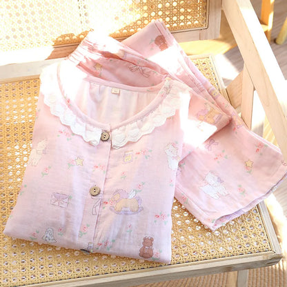 Spitzen-Design, Rundhals-Pyjama-Set aus Baumwolle, doppellagig, Gaze, für Damen, vier Jahreszeiten, dünne, langärmelige Hosen, Strickjacken, Kleidung