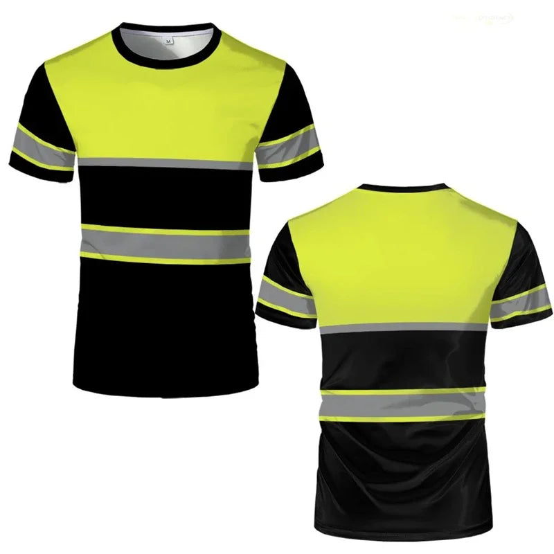 Simple Stripe Safety Work T Shirts Summer Casual Short Sleeve 3D Printed Crew Neck T-shirts Fashion Outdoor Oversized Tees Tops.