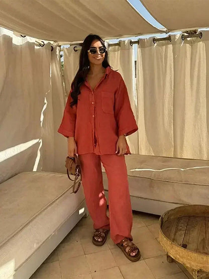 Women Vintage Solid Loose Pants Suit Lapel Single Breasted Long Sleeve Shirt Wide Leg Pants 2 Pcs Set 2025 New Ladies Streetwear.