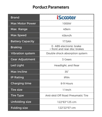 iScooter iX5Plus Foldable Adult Electric Scooter E-Scooter, 45KM/H Electric Kick Scooter, 1000W Skateboards 48V 17.5Ah Kickboard.