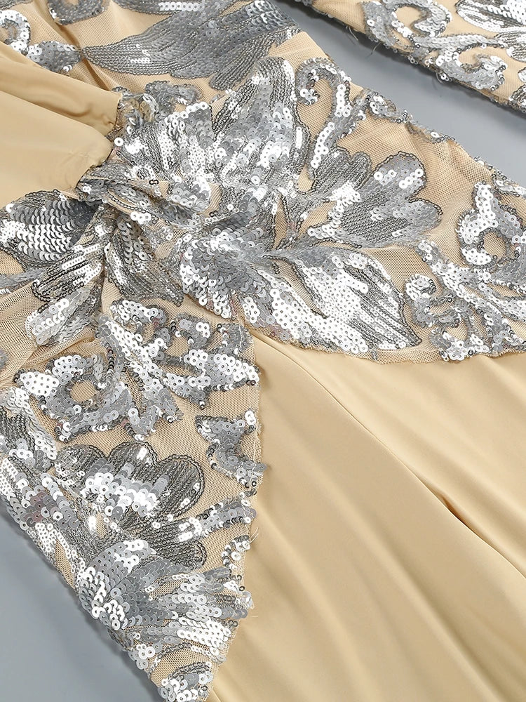 Sexy Deep V Neck Sparkly Diamonds Design Jumpsuit Women Long Sleeve Draped Wide Leg Jumpsuit Elegant Evening Club Costume Runway