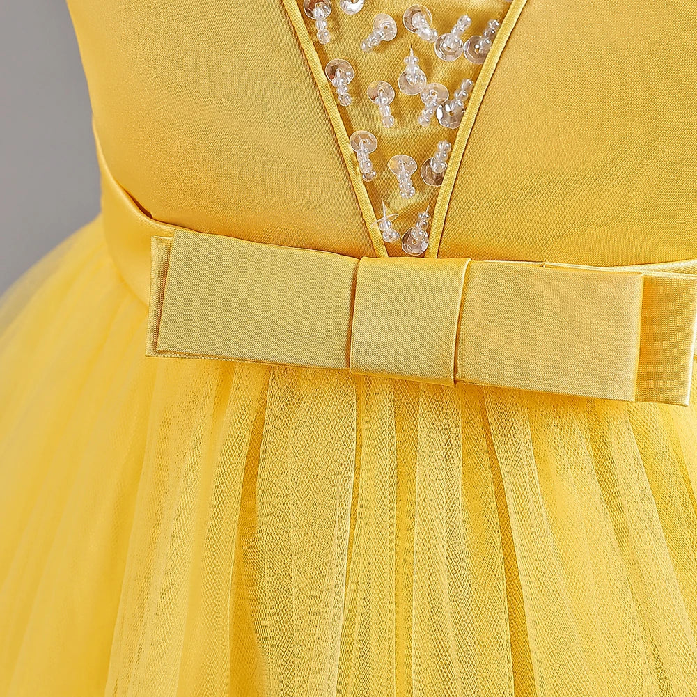 Gelbes ärmelloses Kinder leistungs kleid Bogens chwanz kleid Prinzessin kleid für 3y bis 12y Geburtstags feier kleidung.