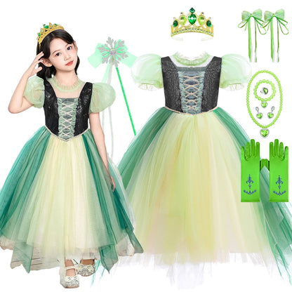 Anna Grünes Kleid Mädchen Spitze Tüll Elegantes Kleid Kinder Bühnenshow Prinzessin Kostüm Kinder Purim Cosplay Kleidung.