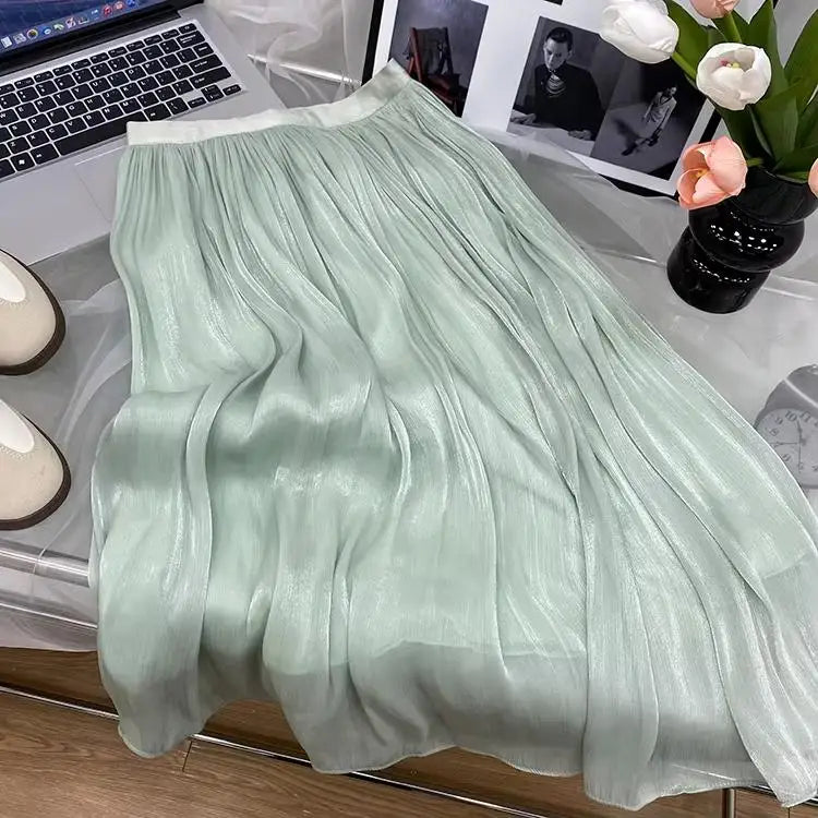 2025 Spring/Summer New Luster  A-line Women Skirt Solid Color High Waist French Paris Style Elegant Asymmetrical Skirt