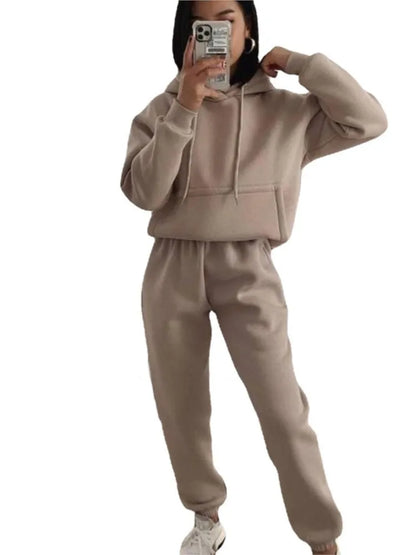 Women's Pocket Long-sleeved Hooded Sweatshirt Casual Set Autumn Winter New Solid Color Loose Sport Long Pants 2 Piece Set Female