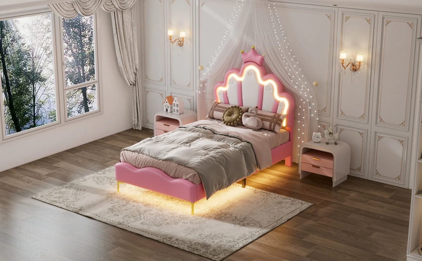 Rosahqnda Kinderbett Mädchen Einzelbett Doppelbett Kinderbett Prinzessin Kronenform Bett Verstellbares Kopfteil