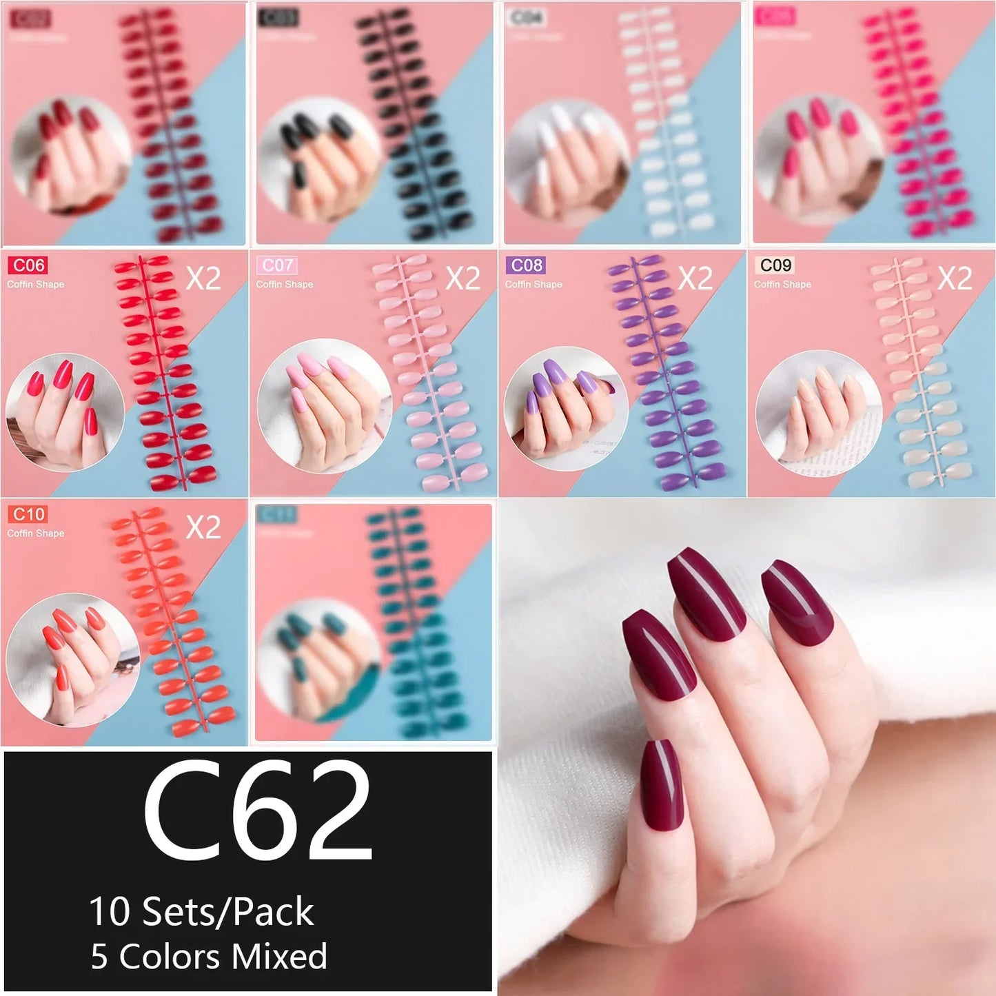 10 Sets/Pack Mixed Solid Colors Coffin Round Square Almond Shape False Nails Full Cover Nail Tips Short Fake Nails Tip Manicure