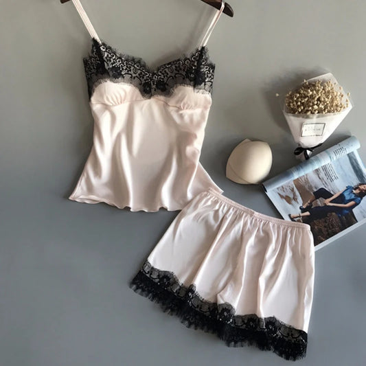Frauen Pyjama Anzug Mode V-ausschnitt Stretch Satin Babydoll Spitze Sexy Dessous Bowknot Pyjamas Schlaf Shorts Set Nachtwäsche Neue