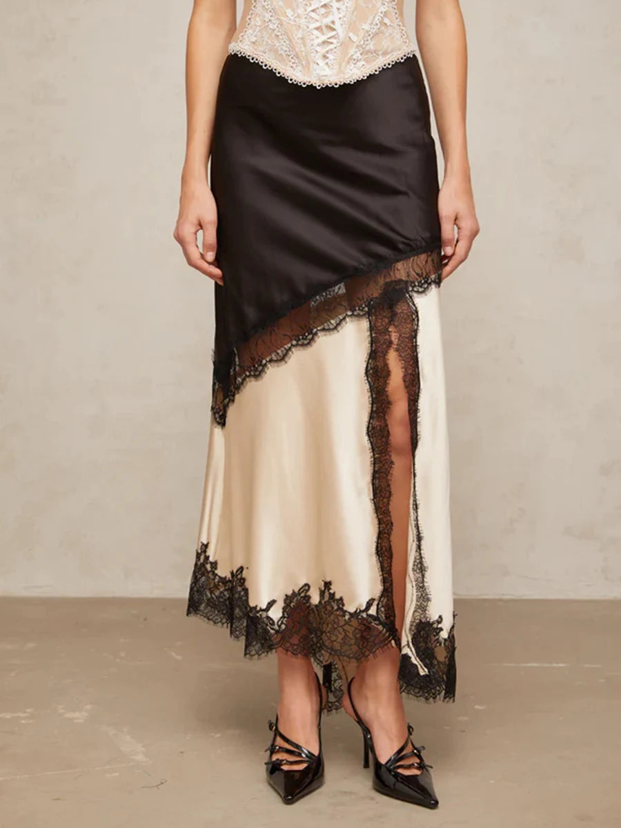 TWOTWINSTYLE Colorblock Slimming Fashion Midi Skirts for Women Patchwork Lace Temperament Skirt Female Elegant Clothing Style