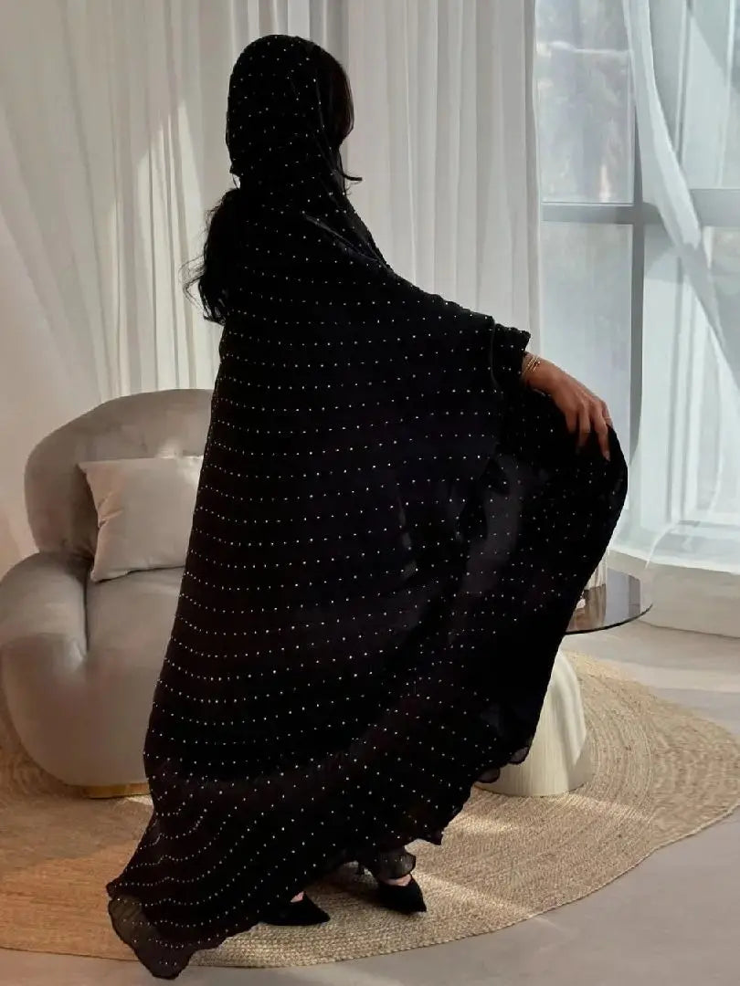 Ramadan Wave Point Black Open Muslim Modest With Hijab Women Kimono Abaya Damen Dubai Islam Kebaya Kaftan Robe Femme Musulman.